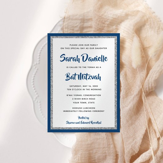Invitation Bat mitzvah de la Glitterie Marine Bleu & Rectangl