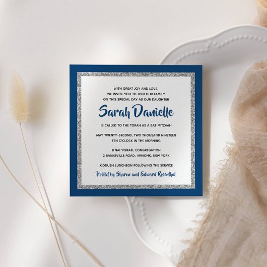 Invitation Bat mitzvah de la Glitterie Marine Carré d'argent 