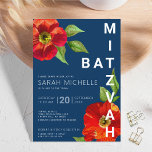 Invitation Bat mitzvah de la marine Gras Rouge Floral Aquarel<br><div class="desc">Soyez fier, réjouissez-vous et présentez ce jalon de votre Bat mitzvah préféré avec cette invitation sophistiquée et personnalisée ! Une aquarelle chic, étonnante, rouge florale avec un style san serif moderne recouvre un arrière - plan bleu marine. Personnalisez le texte personnalisé avec le nom, la date et les informations de...</div>