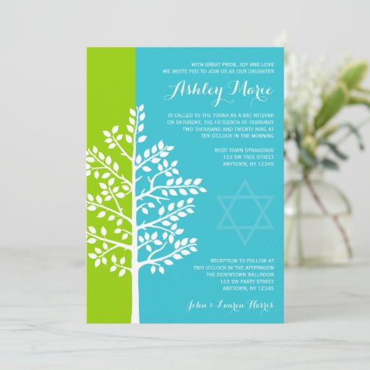 Invitation Bat mitzvah de l'arbre bleu Turquoise vert (Debout devant)
