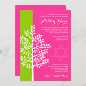 Invitation Bat mitzvah de l'arbre rose vert (Devant / Derrière)