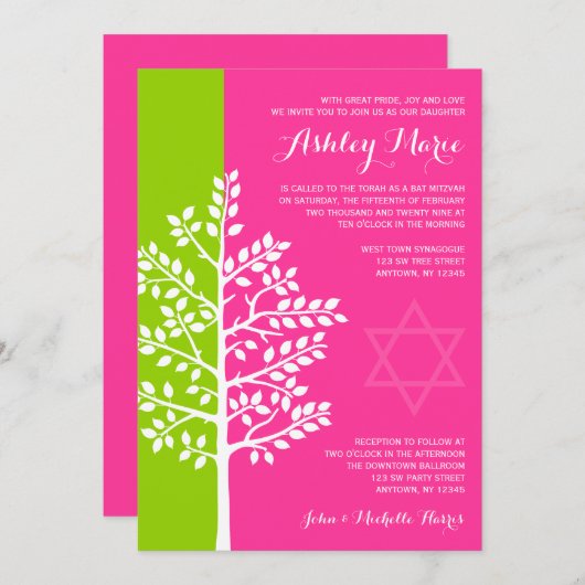 Invitation Bat mitzvah de l'arbre rose vert (Devant / Derrière)