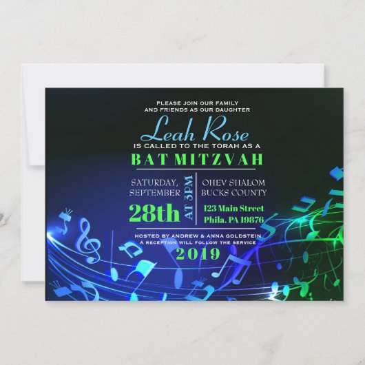 Invitation Bat mitzvah de lettres et de notes hébraïques (Devant)