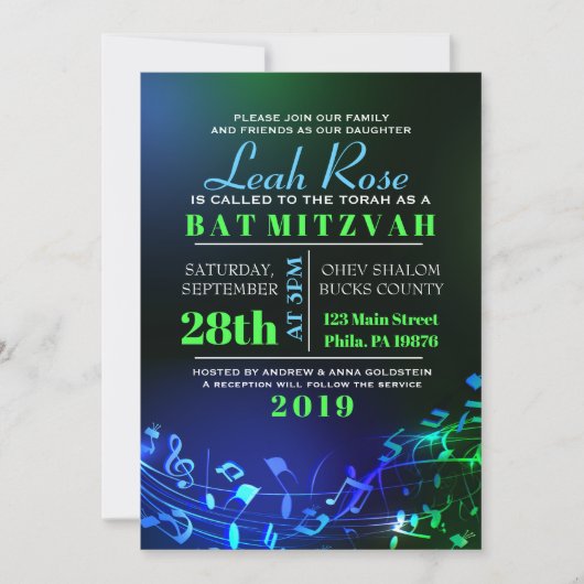 Invitation Bat mitzvah de lettres et de notes hébraïques (Devant)