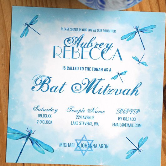 Invitation Bat mitzvah de libellules turquoise légère