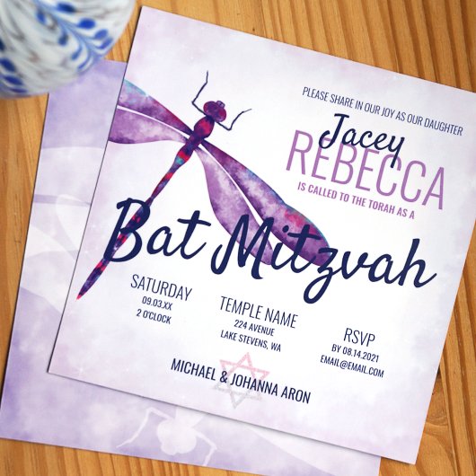 Invitation Bat mitzvah de libellules violettes, Lavande Whims