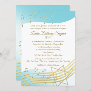 Invitation Bat mitzvah de musique bleu et or