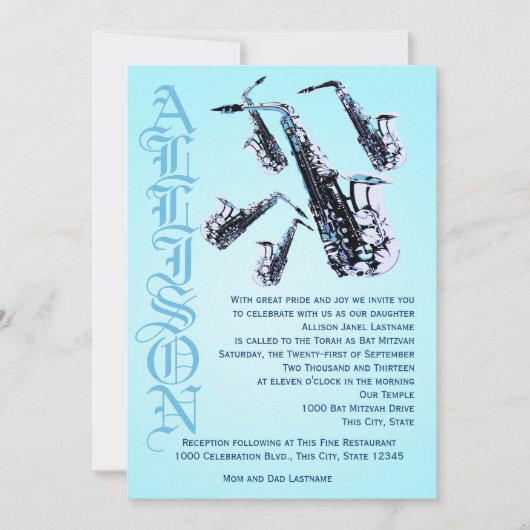 Invitation Bat mitzvah de musique saxophone (Devant)