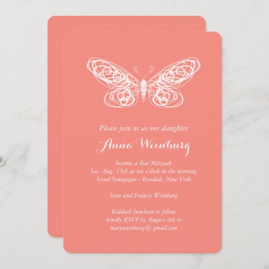 Invitation Bat mitzvah de papillon corail (Devant / Derrière)