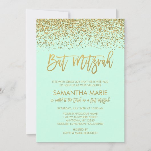 Invitation Bat mitzvah de Parties scintillant d'or Mint Faux (Devant)