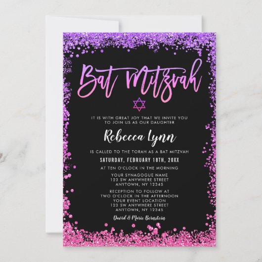 Invitation Bat mitzvah de Parties scintillant Purple Pink Fau (Devant)