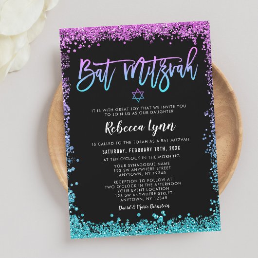 Invitation Bat mitzvah de Parties scintillant Turquoise viole
