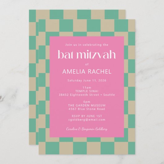 Invitation Bat mitzvah de tableau de bord vert Mod Pink Mint (Devant / Derrière)