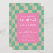 Invitation Bat mitzvah de tableau de bord vert Mod Pink Mint (Devant / Derrière)