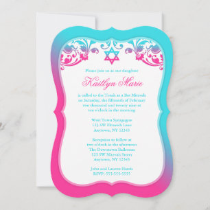 Invitation Bat mitzvah de Turquoises à perches bleues roses e