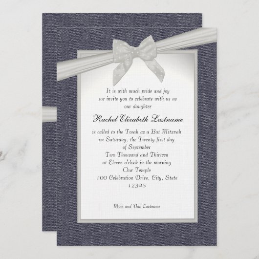 Invitation Bat mitzvah Denim et Bows (Devant / Derrière)