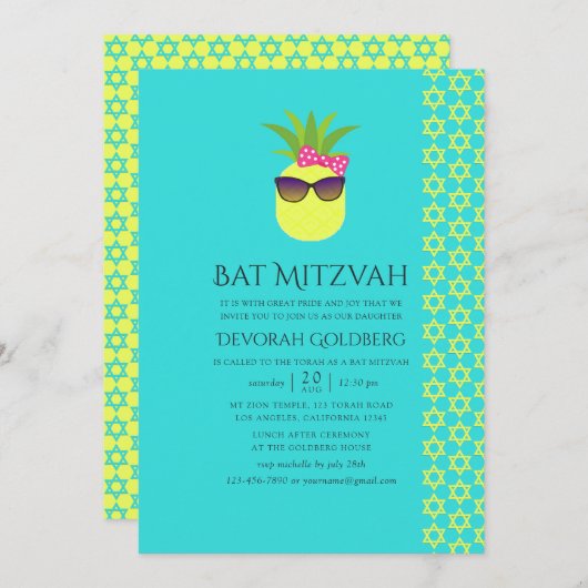 Invitation Bat mitzvah d'été Turquoise et Lemon Tropical (Devant / Derrière)