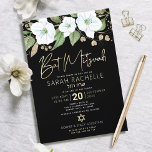 Invitation Bat mitzvah d'or noir Script Floral Aquarelle<br><div class="desc">Soyez fier, réjouissez-vous et présentez ce jalon de votre Bat mitzvah préféré avec cette invitation sophistiquée et personnalisée ! Une aquarelle florale chic, étonnante, blanche et dorée parties scintillant avec typographie de script de feuille d'or et type de san serif blanc chevauche un arrière - plan noir spectaculaire. D'autres fleurs...</div>