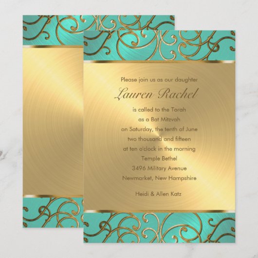 Invitation Bat mitzvah Elegant Aqua Green Gold Filigree (Devant / Derrière)