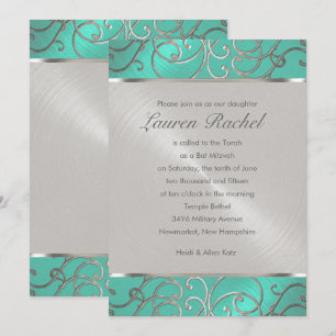 Invitation Bat mitzvah Elegant Aqua Green Silver Filigree