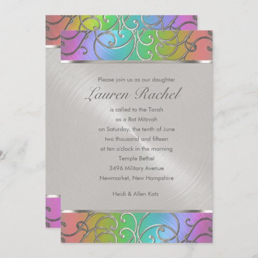 Invitation Bat mitzvah élégant Arc en ciel et Filigree en arg (Devant / Derrière)