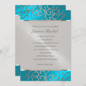 Invitation Bat mitzvah Elégant bleu turquoise Silver Filigree (Devant / Derrière)