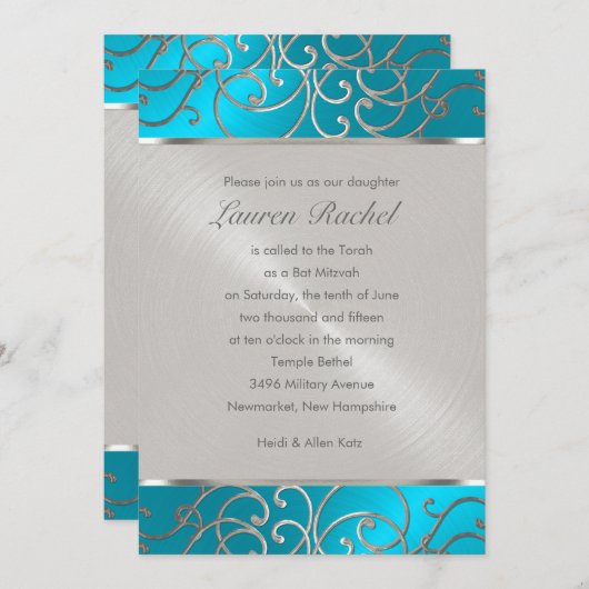 Invitation Bat mitzvah Elégant bleu turquoise Silver Filigree (Devant / Derrière)