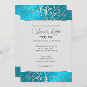 Invitation Bat mitzvah Elégant bleu turquoise Silver Filigree