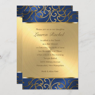 Invitation Bat mitzvah Elegant Blue et Gold Filigree