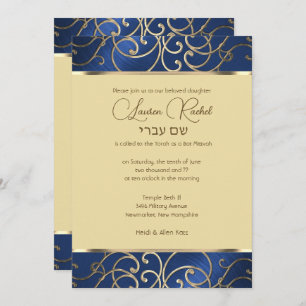Invitation Bat mitzvah Elegant Blue et Gold Filigree
