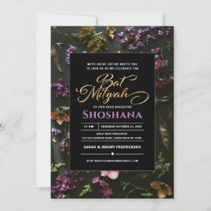 Invitation Bat mitzvah Élégant Boho Moderne Script Floral