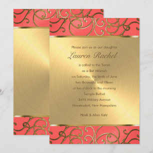 Invitation Bat mitzvah Elegant Coral et Gold Filigree
