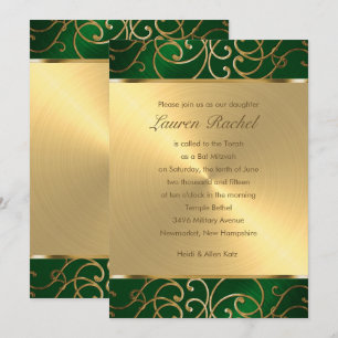 Invitation Bat mitzvah Elegant Emerald Green Filigree or