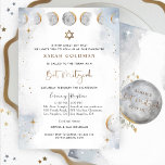 Invitation Bat mitzvah élégant en argent et bleu céleste<br><div class="desc">Dégustez vos amis et votre famille avec cette élégante invitation Bat mitzvah céleste avec un ciel d'aquarelle délicat, les étoiles et les phases de la lune dans un magnifique mélange de gris argenté, bleu pâle, blanc et or. Des étoiles naines en blanc et en feuille d'or imitation. Bat mitzvah phrase...</div>