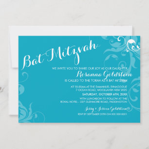 INVITATION bat mitzvah élégant fleuri turquoise aq