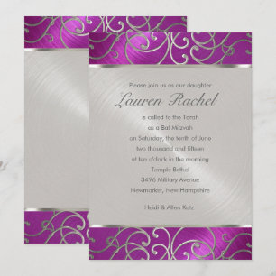 Invitation Bat mitzvah Elégant Framboise rose argent Filigree