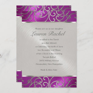 Invitation Bat mitzvah Elégant Framboise rose argent Filigree
