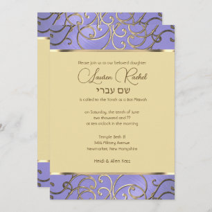 Invitation Bat mitzvah Élégant Lavande Purple Gold Filigree