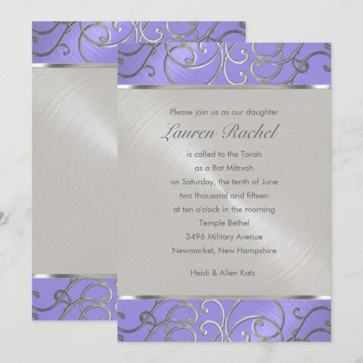 Invitation Bat mitzvah Élégant Lavande Purple Silver Filiger (Devant / Derrière)
