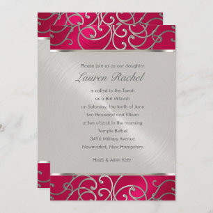 Invitation Bat mitzvah Élégant Magenta Rose Silver Filigree