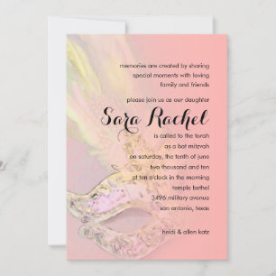 Invitation Bat mitzvah Elégant Masquerade Coral rose Jaune