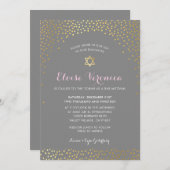 Invitation BAT MITZVAH élégant mini confetti spot or gris (Devant / Derrière)