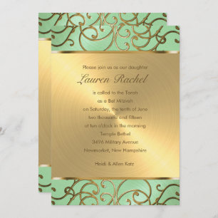 Invitation Bat mitzvah Elegant Mint Green Gold Filigree