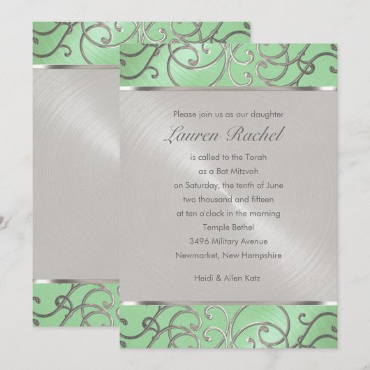 Invitation Bat mitzvah Elégant Mint Green Silver Filigree (Devant / Derrière)