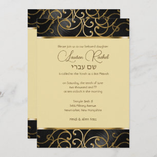 Invitation Bat mitzvah Elegant noir et or Filigree