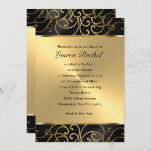 Invitation Bat mitzvah Elegant noir et or Filigree