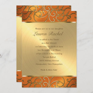 Invitation Bat mitzvah élégant orange et Gold Filigree