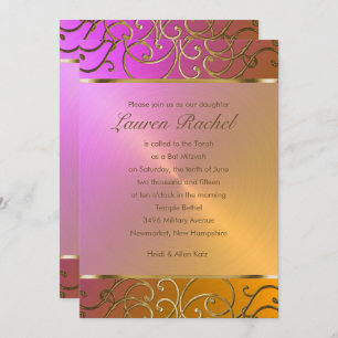 Invitation Bat mitzvah Elegant Orange Rose Gold Filigree
