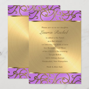 Invitation Bat mitzvah Elegant Orchidée Purple Gold Filigree