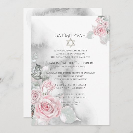 Invitation BAT MITZVAH | Elégant Roses d'aquarelle rose (Devant / Derrière)